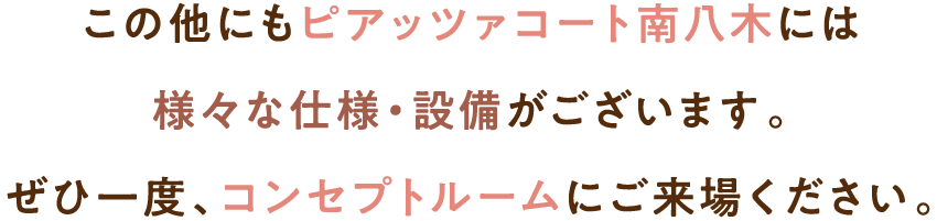 この他にもピアッツァコート南八木には様々な仕様・設備がございます。ぜひ一度、コンセプトルームにご来場ください。